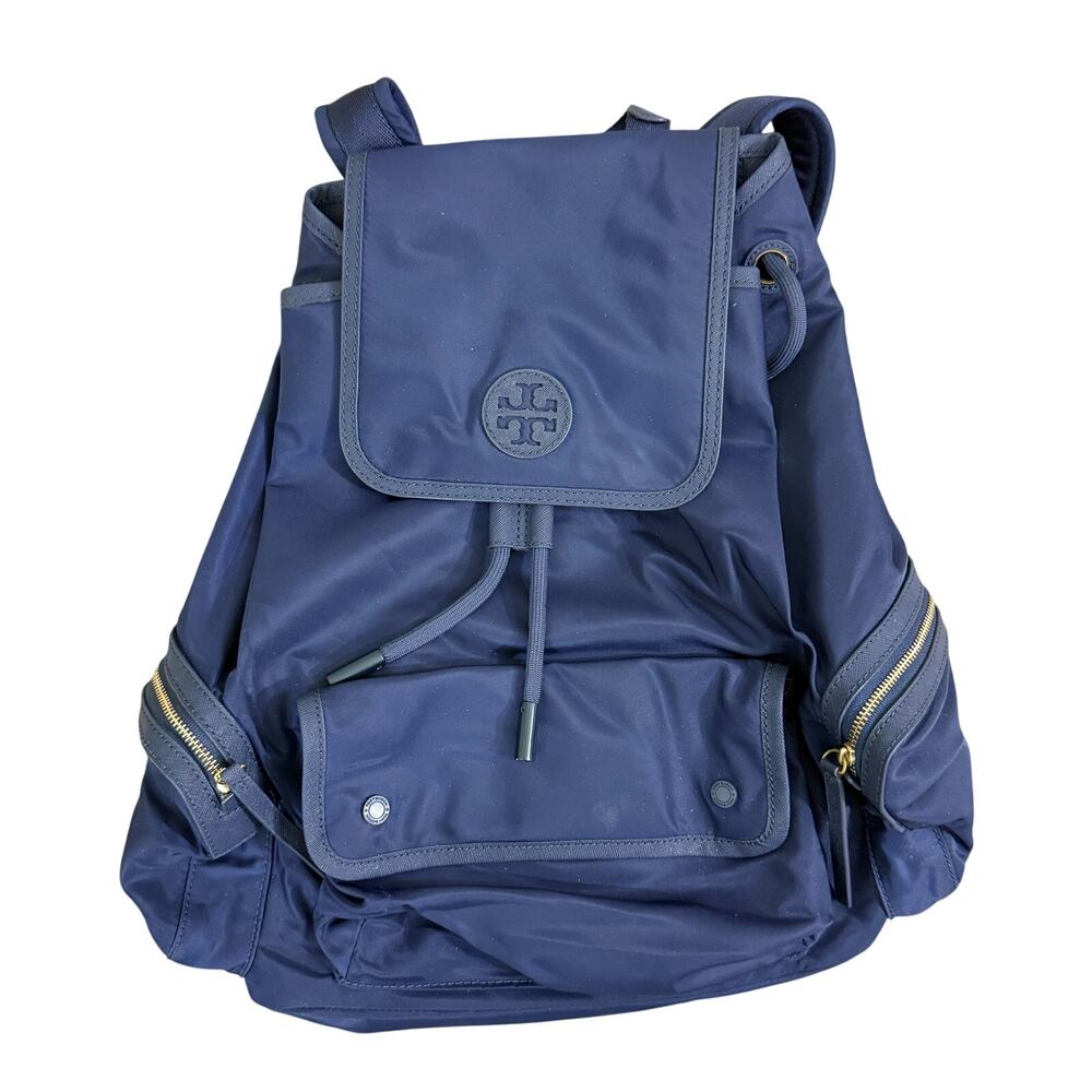 Tory Burch Navy Nylon Canvas Backpack Drawstring/Flap Closure Adjustable Straps